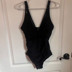Black One Piece Swimsuit V Neck Tummy Control Ruched‎ Size Small NWOT